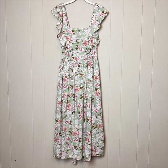 En Saison Maris Green Floral Midi Dress Medium tie back ruffle flowy retro sage - Picture 2 of 13